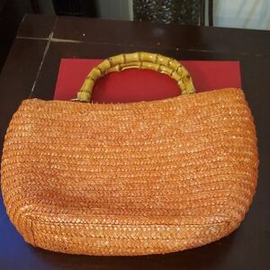 Elegant Orange Woven Shoulder Bag with Bamboo Handle